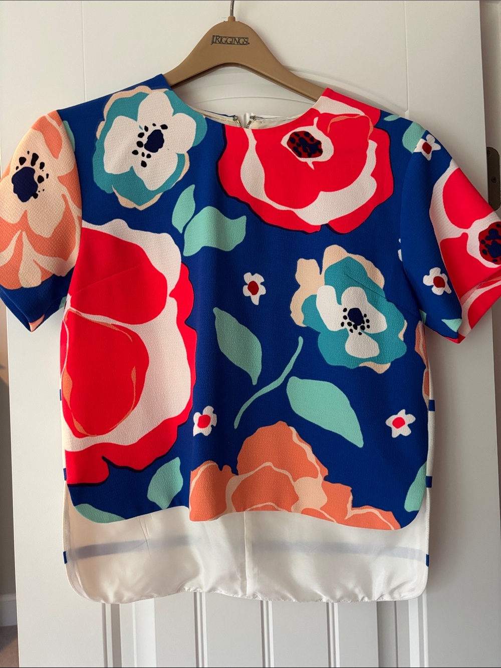 kate spade Bright Blue Floral Short-Sleeve Blouse with Red & Coral Blooms
